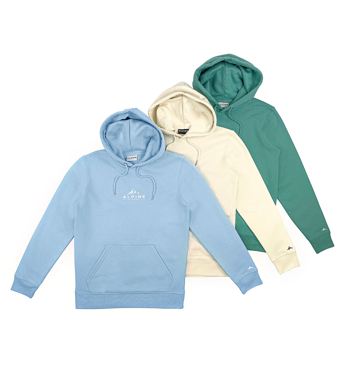 Alpine summer hoodie collection group photo of all 3 colour options